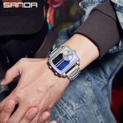 SANDA Men Digital Watch Fashion Casual Wristwatch Shock Resistant Luminous Stopwatch Alarm Clock Countdown Steel Leather Watch