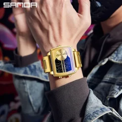 SANDA Men Digital Watch Fashion Casual Wristwatch Shock Resistant Luminous Stopwatch Alarm Clock Countdown Steel Leather Watch