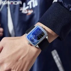 SANDA Men Digital Watch Fashion Casual Wristwatch Shock Resistant Luminous Stopwatch Alarm Clock Countdown Steel Leather Watch