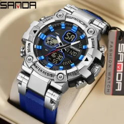 SANDA Men Digital Watch Large Dial Outdoor Sports Fashion Luminous Alarm Clock Calendar Chronograph Silicone Watch