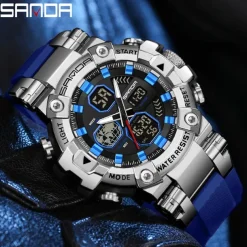 SANDA Men Digital Watch Large Dial Outdoor Sports Fashion Luminous Alarm Clock Calendar Chronograph Silicone Watch