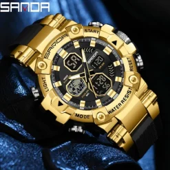 SANDA Men Digital Watch Large Dial Outdoor Sports Fashion Luminous Alarm Clock Calendar Chronograph Silicone Watch