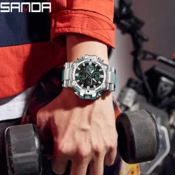 SANDA Men Digital Watch Large Dial Outdoor Sports Fashion Luminous Alarm Clock Calendar Chronograph Silicone Watch