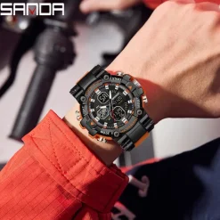 SANDA Men Digital Watch Large Dial Outdoor Sports Fashion Luminous Alarm Clock Calendar Chronograph Silicone Watch