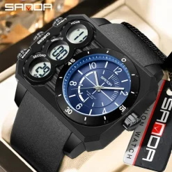 SANDA Men Digital Watch Outdoor Fashion Casual Wristwatch Luminous Alarm Clock Three Time Zones Calendar TPU Watch