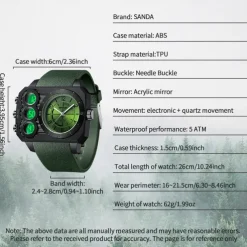 SANDA Men Digital Watch Outdoor Fashion Casual Wristwatch Luminous Alarm Clock Three Time Zones Calendar TPU Watch