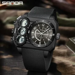 SANDA Men Digital Watch Outdoor Fashion Casual Wristwatch Luminous Alarm Clock Three Time Zones Calendar TPU Watch