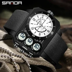 SANDA Men Digital Watch Outdoor Fashion Casual Wristwatch Luminous Alarm Clock Three Time Zones Calendar TPU Watch