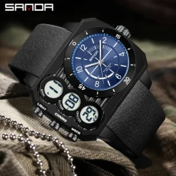 SANDA Men Digital Watch Outdoor Fashion Casual Wristwatch Luminous Alarm Clock Three Time Zones Calendar TPU Watch