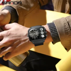 SANDA Men Digital Watch Outdoor Fashion Casual Wristwatch Luminous Alarm Clock Three Time Zones Calendar TPU Watch