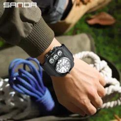 SANDA Men Digital Watch Outdoor Fashion Casual Wristwatch Luminous Alarm Clock Three Time Zones Calendar TPU Watch