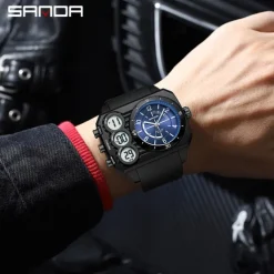 SANDA Men Digital Watch Outdoor Fashion Casual Wristwatch Luminous Alarm Clock Three Time Zones Calendar TPU Watch