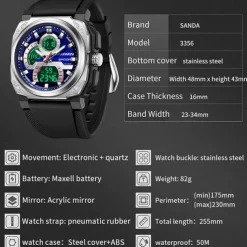 SANDA Men Digital Watch Sports Fashion Business Wristwatch Stopwatch Alarm Clock Countdown Three Time Zones Rubber Watch