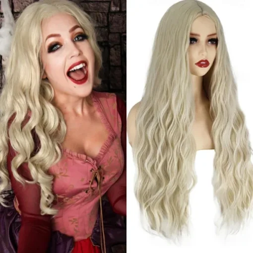 Sarah Sanderson Wig Hocus Pocus 2 Long Blonde Wigs for Women Middle Part Wavy Witch Wig Accessory for Party Daily Halloween Wigs