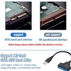 SATA To USB 3.0 / 2.0 Cable Up To 6 Gbps For 2.5 Inch External HDD SSD Hard Drive, SATA 3 22 Pin Adapter USB 3.0 To Sata III Cord