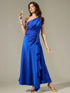 Satin Blue Sleeveless One Shoulder Ruffle Maxi Dress