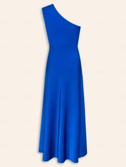 Satin Blue Sleeveless One Shoulder Ruffle Maxi Dress