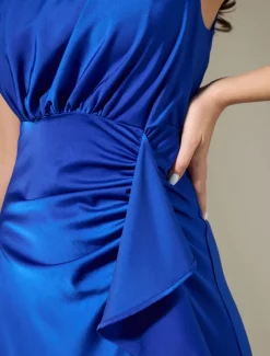 Satin Blue Sleeveless One Shoulder Ruffle Maxi Dress