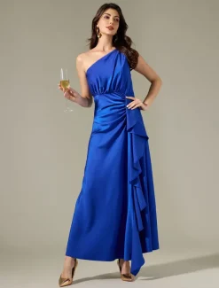 Satin Blue Sleeveless One Shoulder Ruffle Maxi Dress