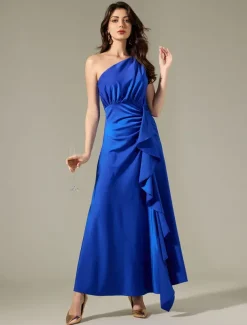 Satin Blue Sleeveless One Shoulder Ruffle Maxi Dress