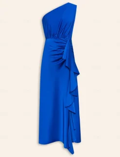 Satin Blue Sleeveless One Shoulder Ruffle Maxi Dress