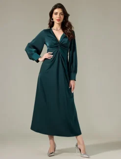 Satin Dark Green Twist Elegant Fashion Maxi Party Dress