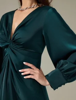 Satin Dark Green Twist Elegant Fashion Maxi Party Dress