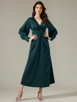 Satin Dark Green Twist Elegant Fashion Maxi Party Dress
