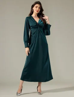 Satin Dark Green Twist Elegant Fashion Maxi Party Dress