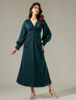 Satin Dark Green Twist Elegant Fashion Maxi Party Dress