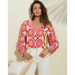 Satin Floral Print V Neck Shirt