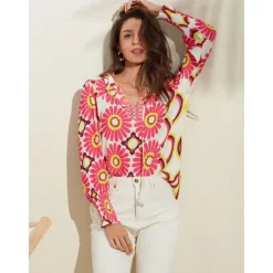 Satin Floral Print V Neck Shirt