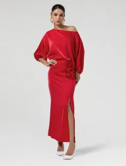 Satin Wedding Guest Floral Slash Neck Juliet Sleeve Wide Leg Two Piece Set