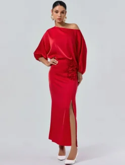 Satin Wedding Guest Floral Slash Neck Juliet Sleeve Wide Leg Two Piece Set