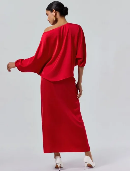 Satin Wedding Guest Floral Slash Neck Juliet Sleeve Wide Leg Two Piece Set