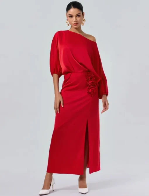 Satin Wedding Guest Floral Slash Neck Juliet Sleeve Wide Leg Two Piece Set