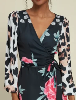 Satin Wedding Guest Floral Leopard Print Long Sleeve V Neck Maxi Dress
