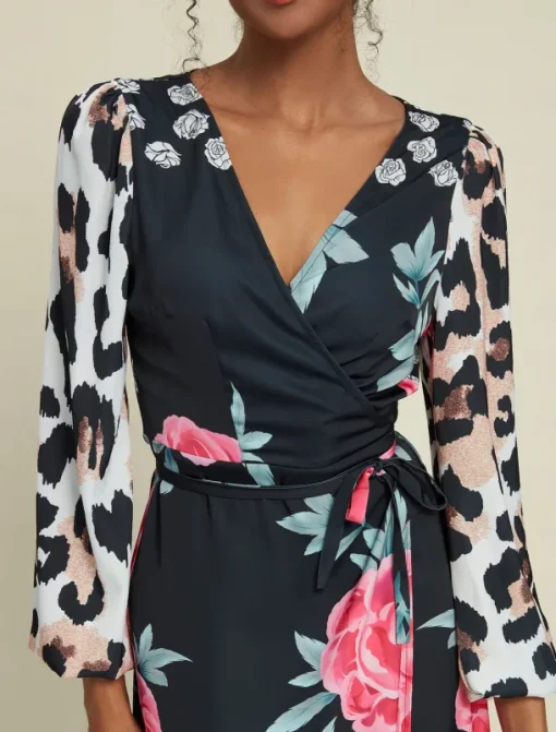 Satin Wedding Guest Floral Leopard Print Long Sleeve V Neck Maxi Dress