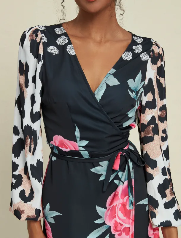 Satin Wedding Guest Floral Leopard Print Long Sleeve V Neck Maxi Dress