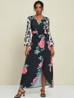 Satin Wedding Guest Floral Leopard Print Long Sleeve V Neck Maxi Dress