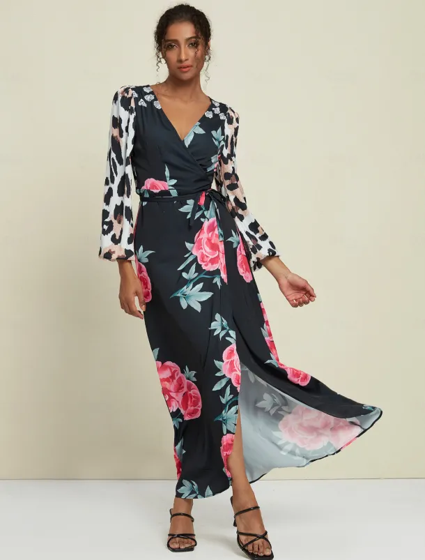 Satin Wedding Guest Floral Leopard Print Long Sleeve V Neck Maxi Dress