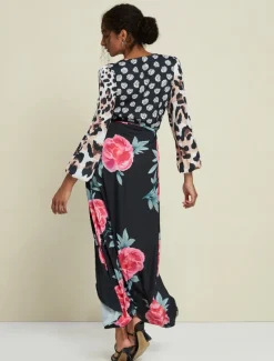 Satin Wedding Guest Floral Leopard Print Long Sleeve V Neck Maxi Dress