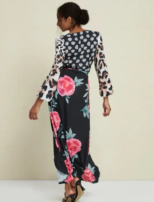 Satin Wedding Guest Floral Leopard Print Long Sleeve V Neck Maxi Dress