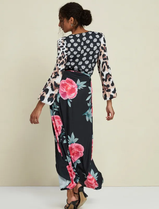 Satin Wedding Guest Floral Leopard Print Long Sleeve V Neck Maxi Dress