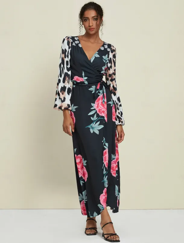 Satin Wedding Guest Floral Leopard Print Long Sleeve V Neck Maxi Dress