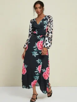 Satin Wedding Guest Floral Leopard Print Long Sleeve V Neck Maxi Dress