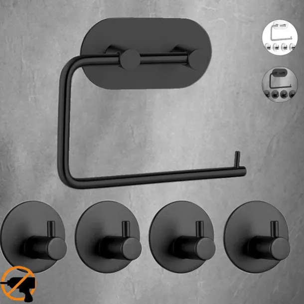 Self Adhesive Toilet Paper Holder and 4pcs Robe Hooks Stainless Steel Contemporary Bathroom Accessory Set Wall Mounted