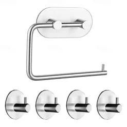 Self Adhesive Toilet Paper Holder and 4pcs Robe Hooks Stainless Steel Contemporary Bathroom Accessory Set Wall Mounted