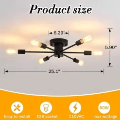 Semi Flush Mount Ceiling Light Fixture, 6 Lights Modern Sputnik Chandelier Pendant Lighting for Living Room Kitchen Dining Room Bedroom Farmhouse Flush Mount Ceiling Lights 110-240V