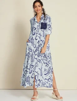 Sequin Apricot Curve Pocket Roll Up Sleeve Maxi Shirt Dress